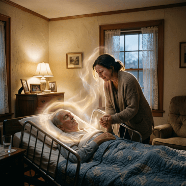 Elderly man lying in bed with a woman holding his hand and crying beside him