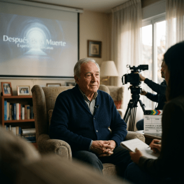 Elderly man being interviewed on camera for documentary about after-death experiences