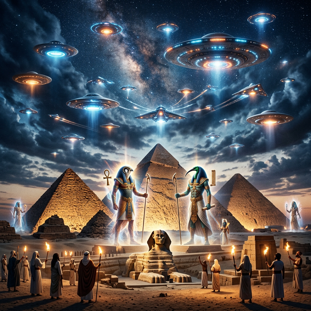 Ancient Egyptian gods in front of pyramids with numerous UFOs flying above and people holding torches below