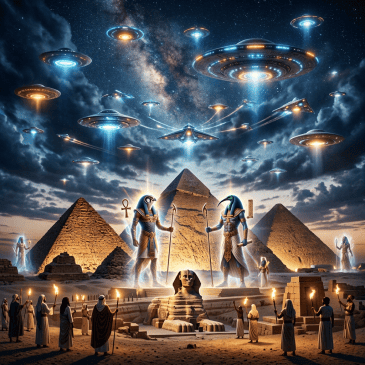 Ancient Egyptian gods in front of pyramids with numerous UFOs flying above and people holding torches below