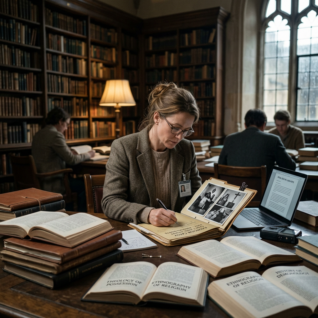Researcher examining historical case files and notes in a library filled with open books and a laptop