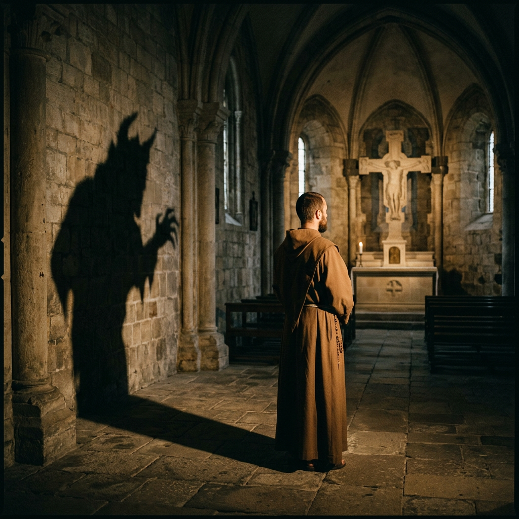 Monk facing altar with devilish shadow on chapel wall