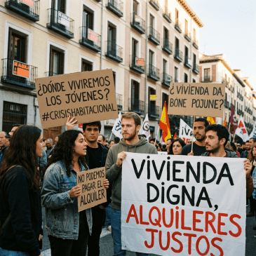 Group of young protesters holding signs about housing crisis and fair rent in Spanish