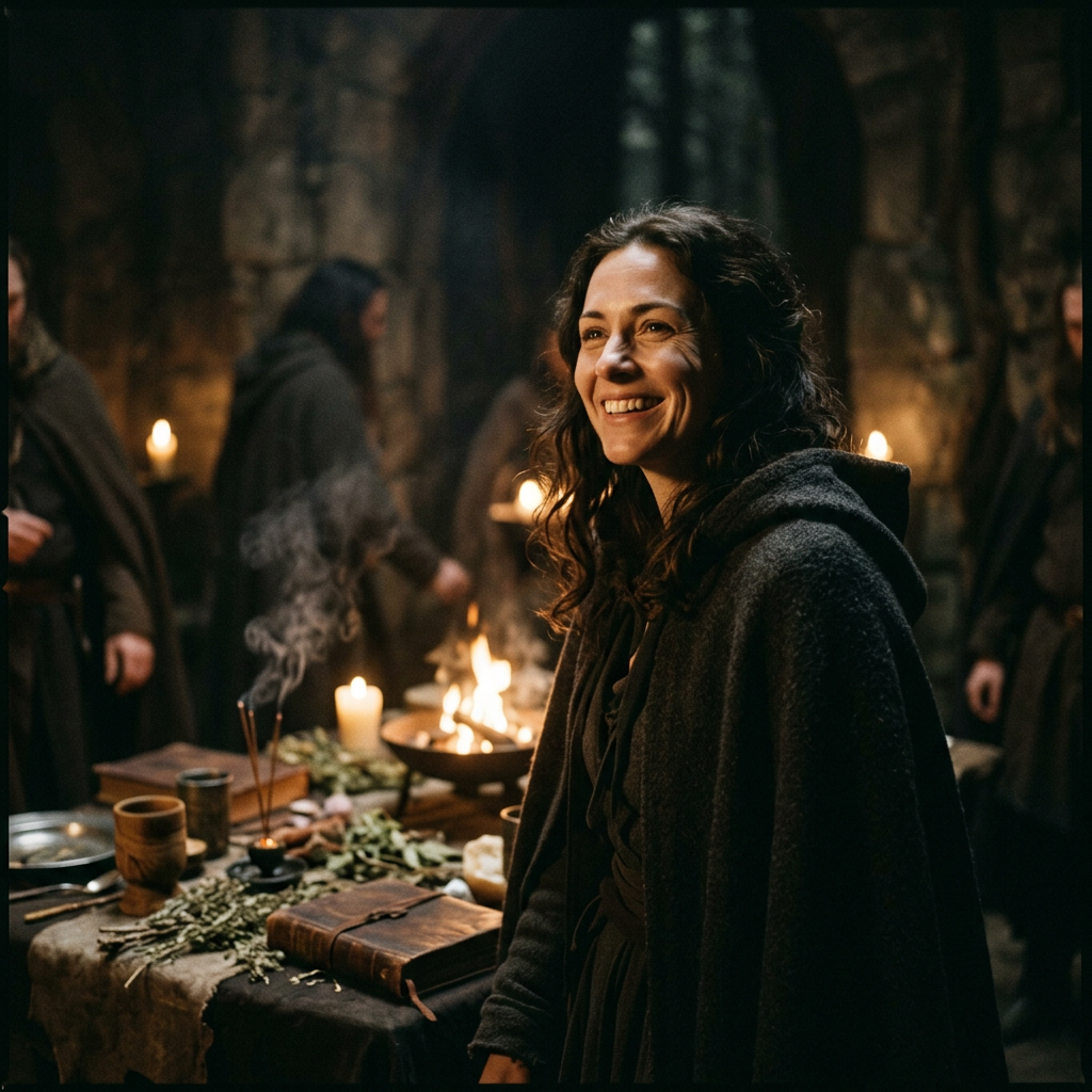 Woman in medieval cloak smiling in dimly lit room with herbs, candles, and books