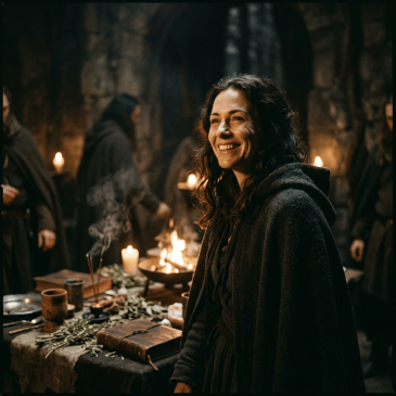 Woman in medieval cloak smiling in dimly lit room with herbs, candles, and books