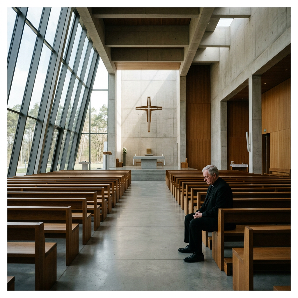 Elderly man sitting alone on a wooden pew inside a modern chapel with large windows and a cross at the altar