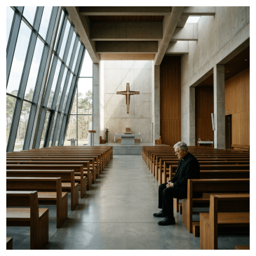 Elderly man sitting alone on a wooden pew inside a modern chapel with large windows and a cross at the altar