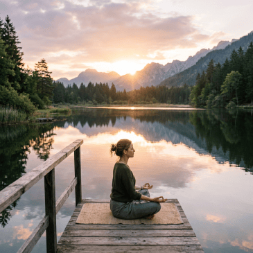 Woman meditating cross-legged on wooden dock at lake with mountains and sunset