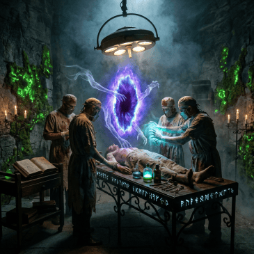 Four masked surgeons surround a patient on an ornate table with glowing runes, a blue-purple magical portal with ghostly arms hovers above