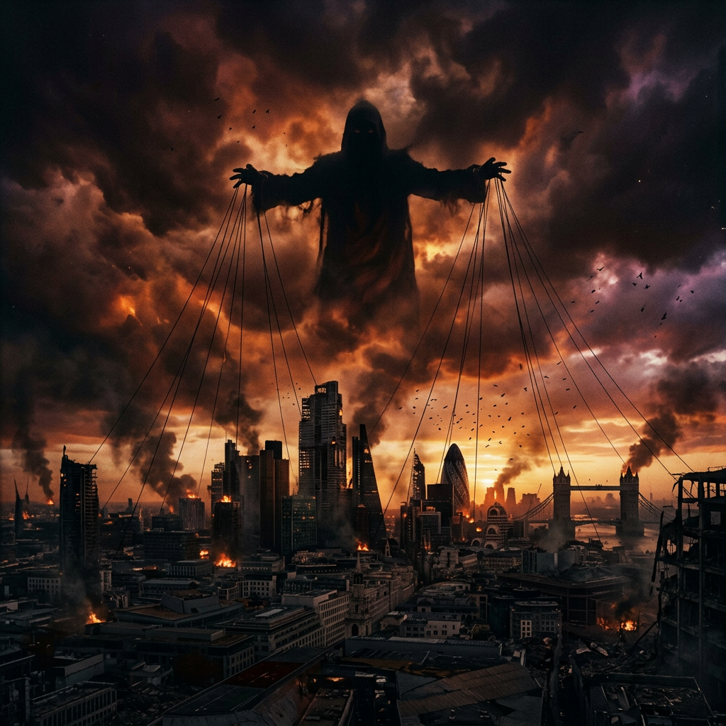 Shadowy hooded figure controlling strings over a burning cityscape with fires and smoke