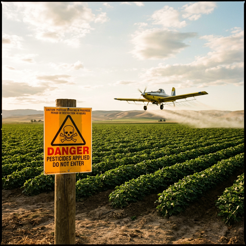 Crop duster plane spraying pesticides over field with danger warning sign