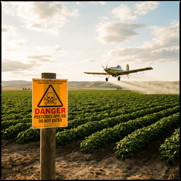 Crop duster plane spraying pesticides over field with danger warning sign