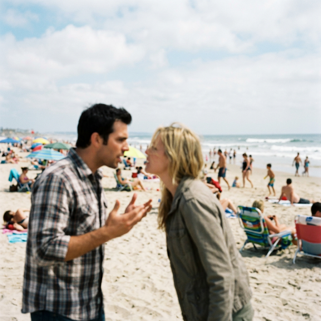 A man and woman arguing face-to-face on a crowded sandy beach with people relaxing and playing in the background