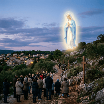 Group of people gathered on a rocky hillside looking at a glowing apparition of the Virgin Mary