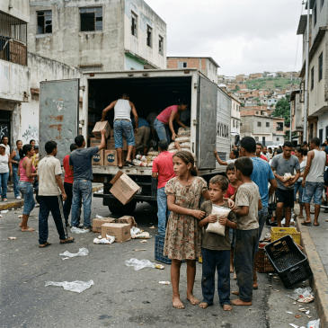 Crowd receiving food aid from truck in urban neighborhood
