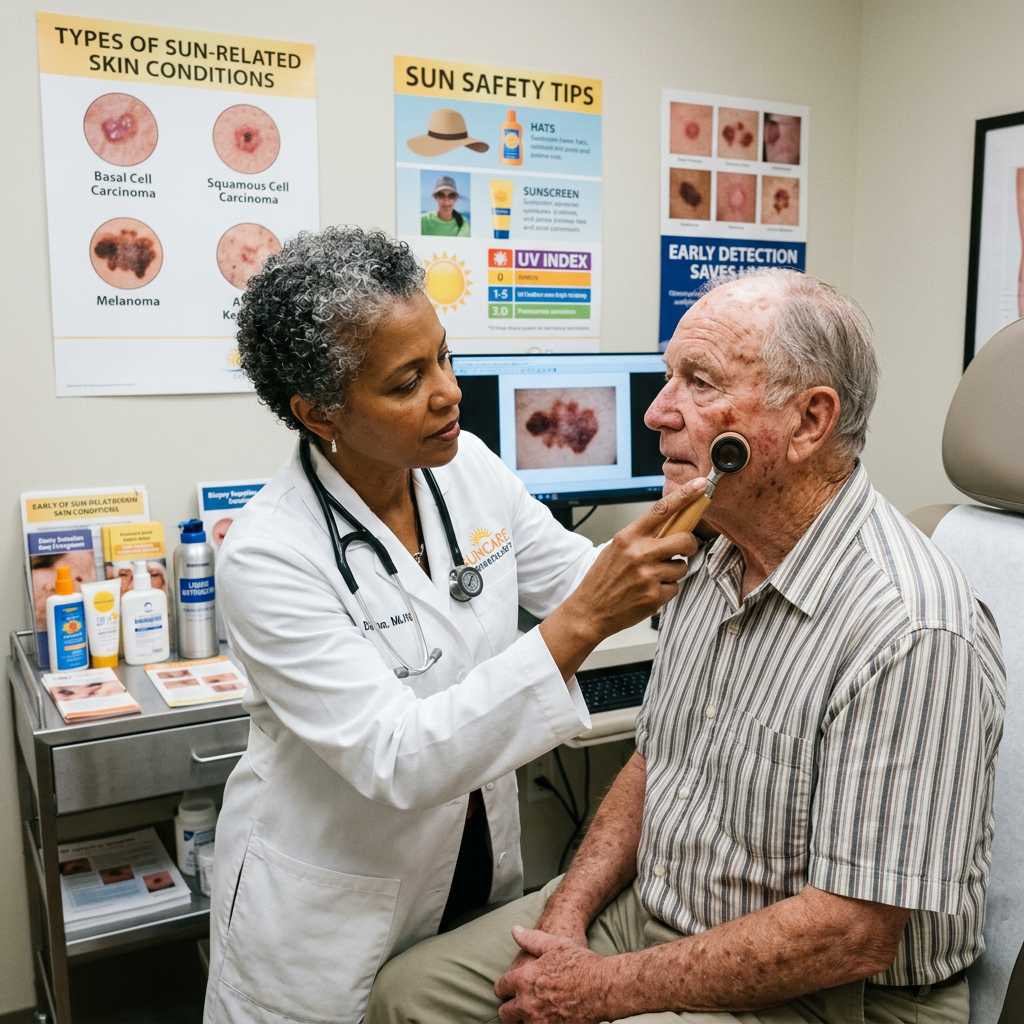 Dermatologist using a dermatoscope to examine an elderly man's facial skin in a medical office.