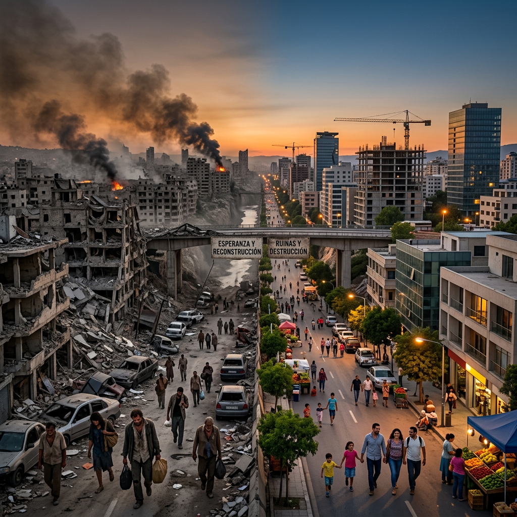 City scene split showing ruins and smoke on left and vibrant, reconstructed city with people walking on right