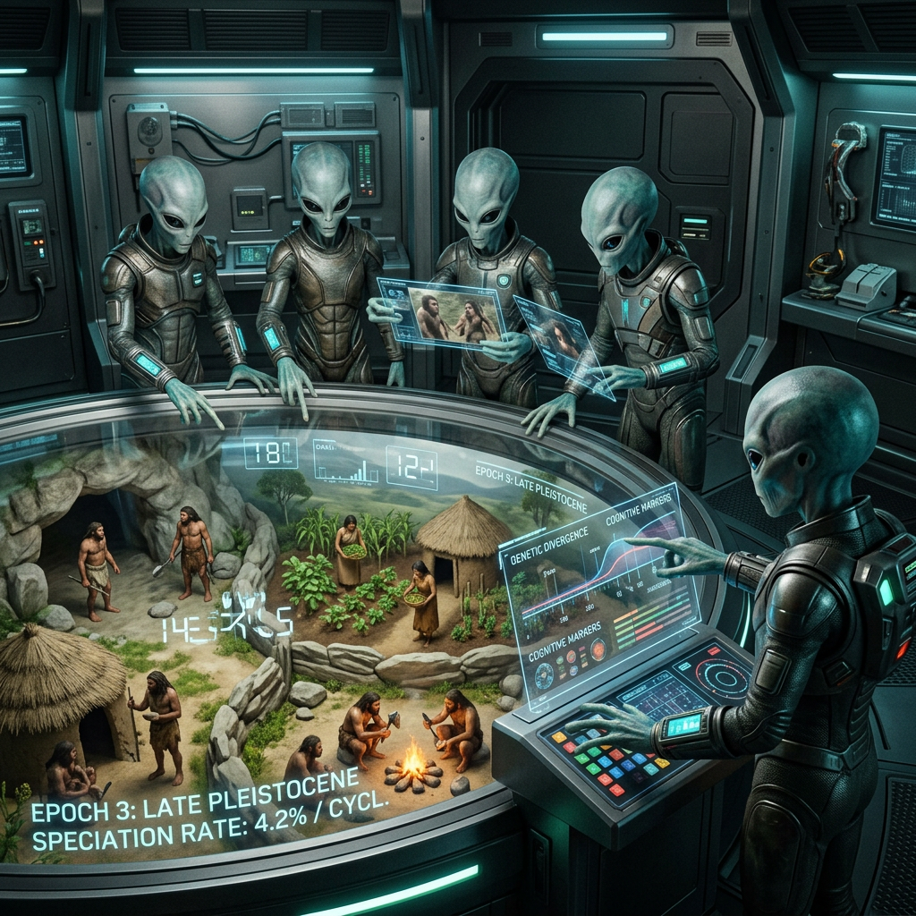 Aliens examining holographic displays of Pleistocene human evolution and genetic data