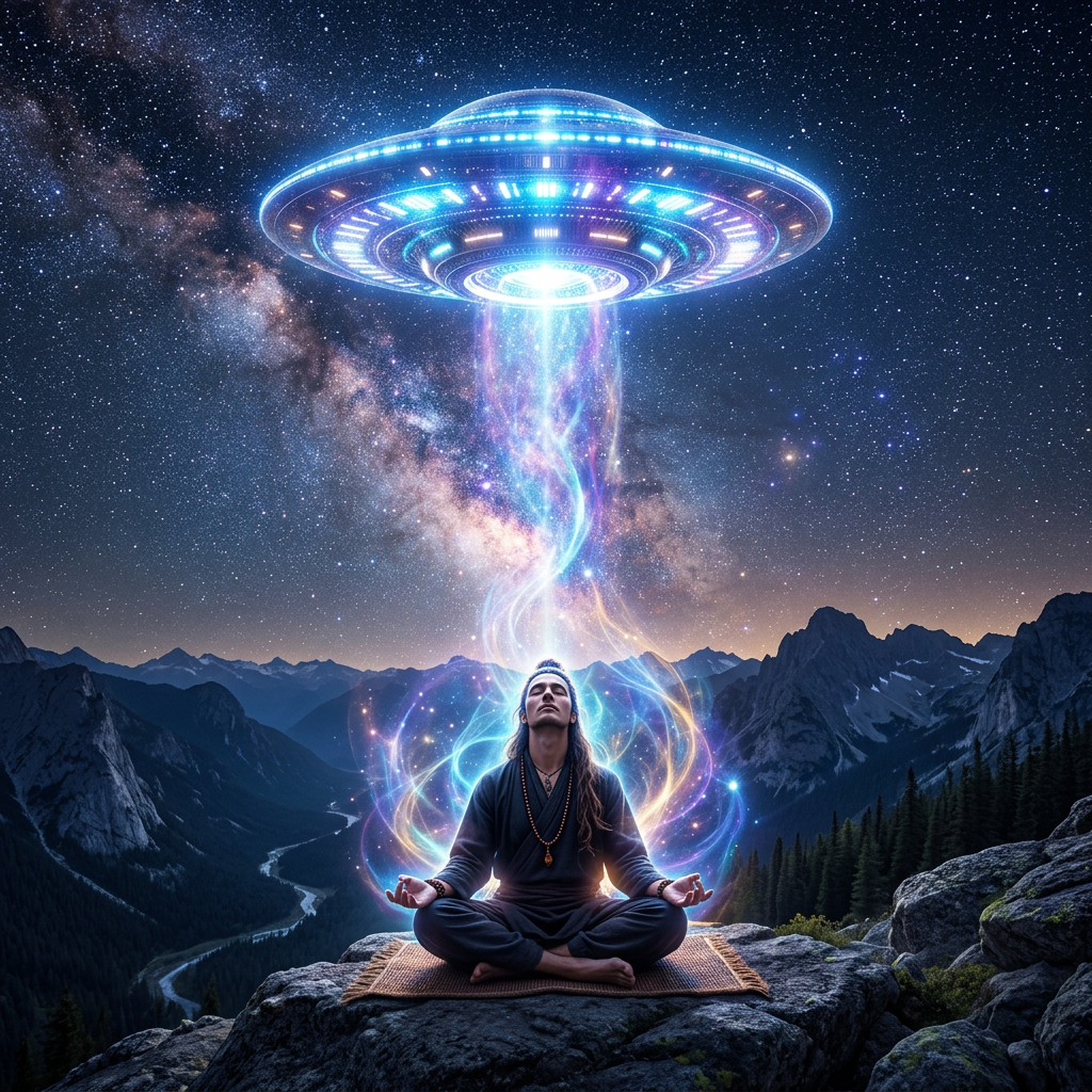 Person meditating cross-legged on rock with glowing UFO and colorful energy beams