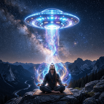 Person meditating cross-legged on rock with glowing UFO and colorful energy beams