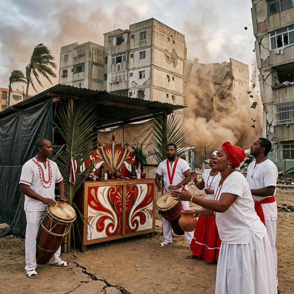 Five people dressed in white and red performing drumming ritual near collapsing buildings with dust clouds