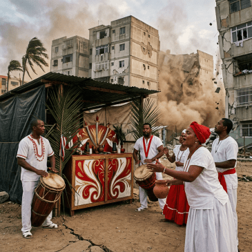 Five people dressed in white and red performing drumming ritual near collapsing buildings with dust clouds