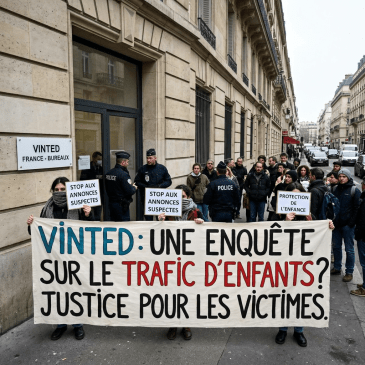 Protesters holding banners calling for investigation into child trafficking outside Vinted France offices