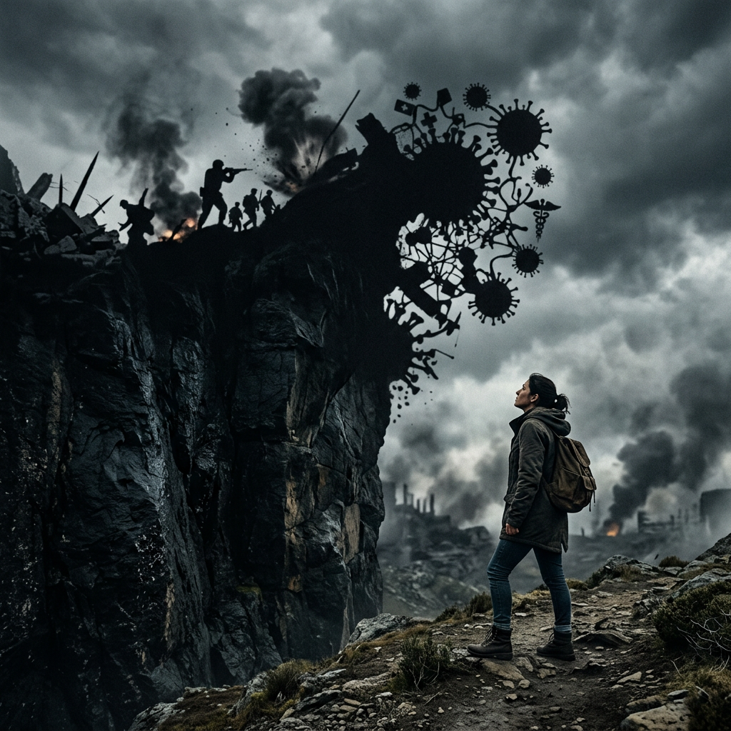 Woman standing on rocky ground facing a cliff shaped like a virus with soldiers and explosions on top.