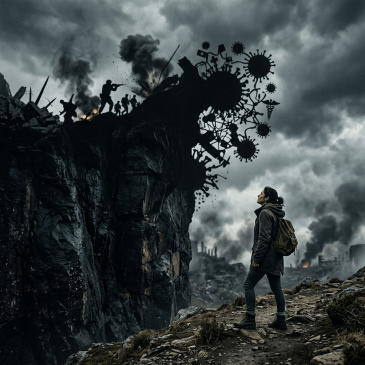 Woman standing on rocky ground facing a cliff shaped like a virus with soldiers and explosions on top.