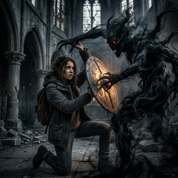 Woman kneeling and holding a shield against a dark shadow demon with glowing red eyes inside a damaged cathedral