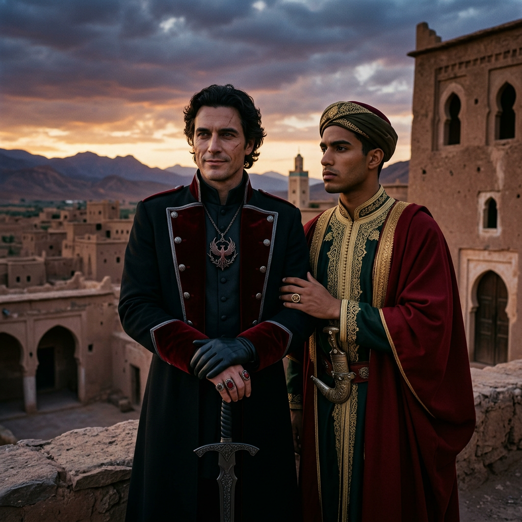 Two men in regal historical costumes standing beside each other with an ancient city and mountains in the background at sunset