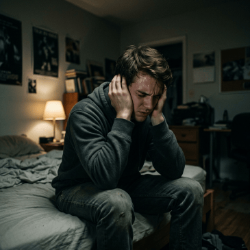 Young man sitting on bed, holding head in hands, appearing distressed