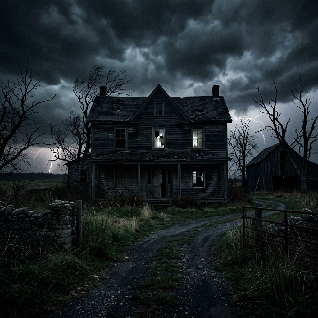 Old abandoned two-story house with broken windows and eerie lighting under stormy clouds and lightning
