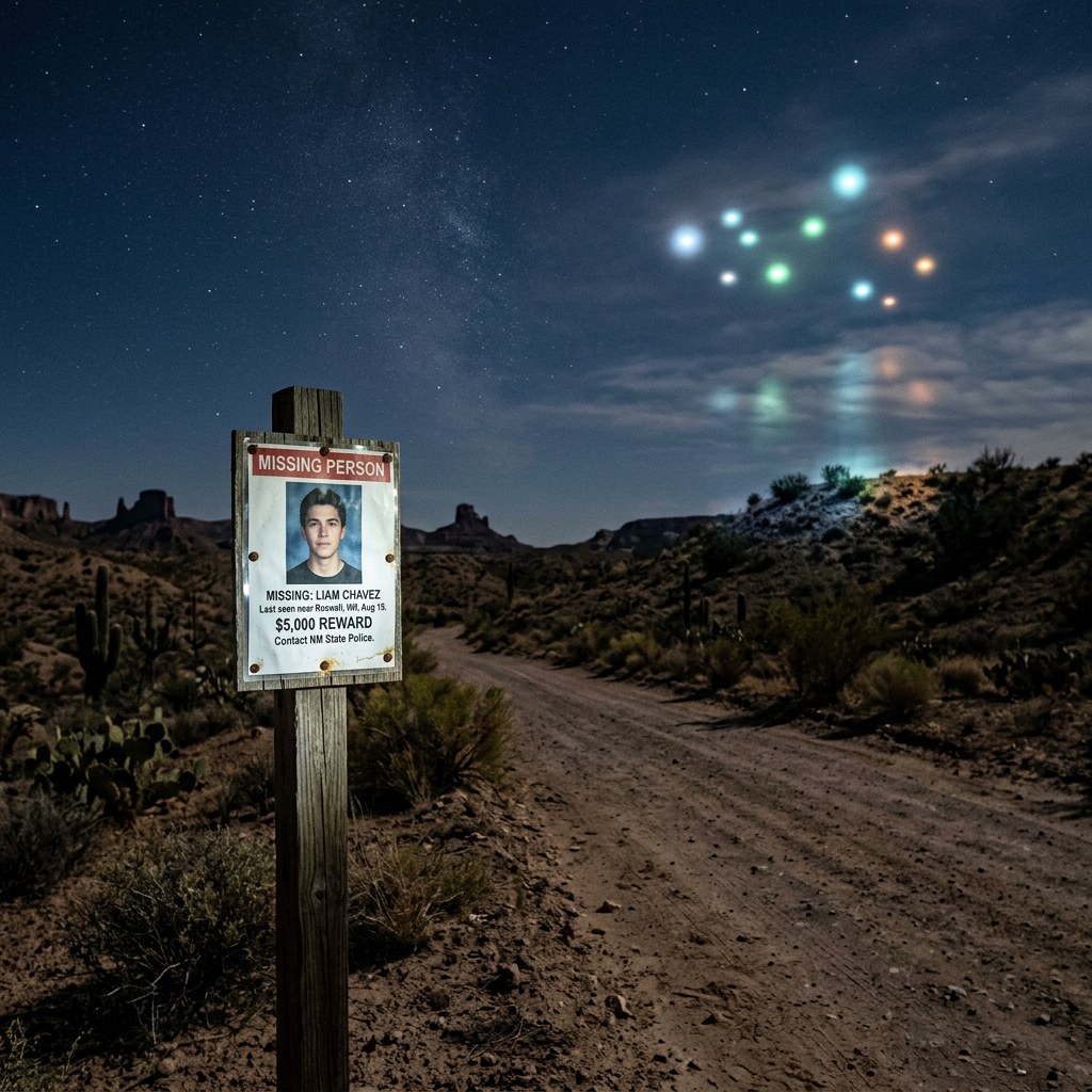 Missing person sign for Liam Chavez on desert road at night with glowing lights in sky