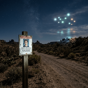 Missing person sign for Liam Chavez on desert road at night with glowing lights in sky