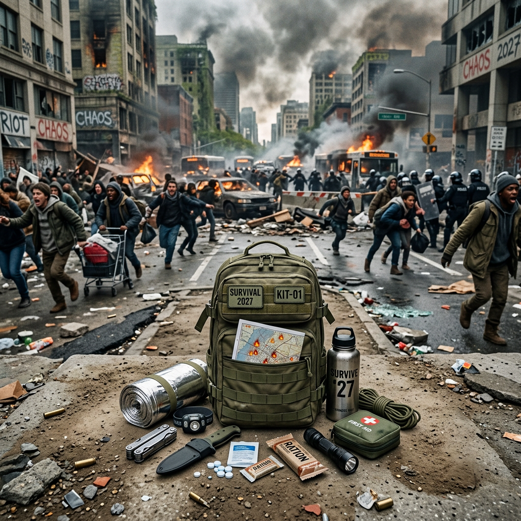Survival kit and supplies displayed on concrete with burning cars and fleeing people in background