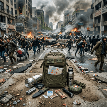 Survival kit and supplies displayed on concrete with burning cars and fleeing people in background