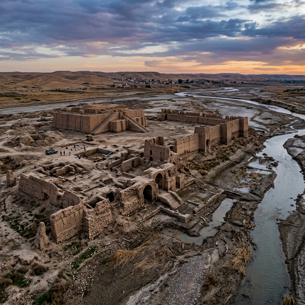 Ancient mud-brick Mesopotamian temple and ruins near a winding river with mountains in background