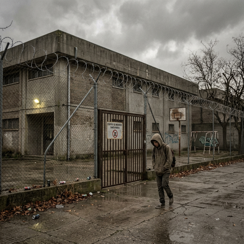 Young person with hoodie and backpack walking outside fenced juvenile detention center with barbed wire and playground equipment