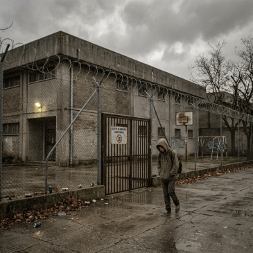 Young person with hoodie and backpack walking outside fenced juvenile detention center with barbed wire and playground equipment