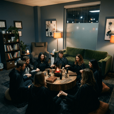 Seven people in dark cloaks sitting in a circle holding hands around a round table with a lit red candle and books.