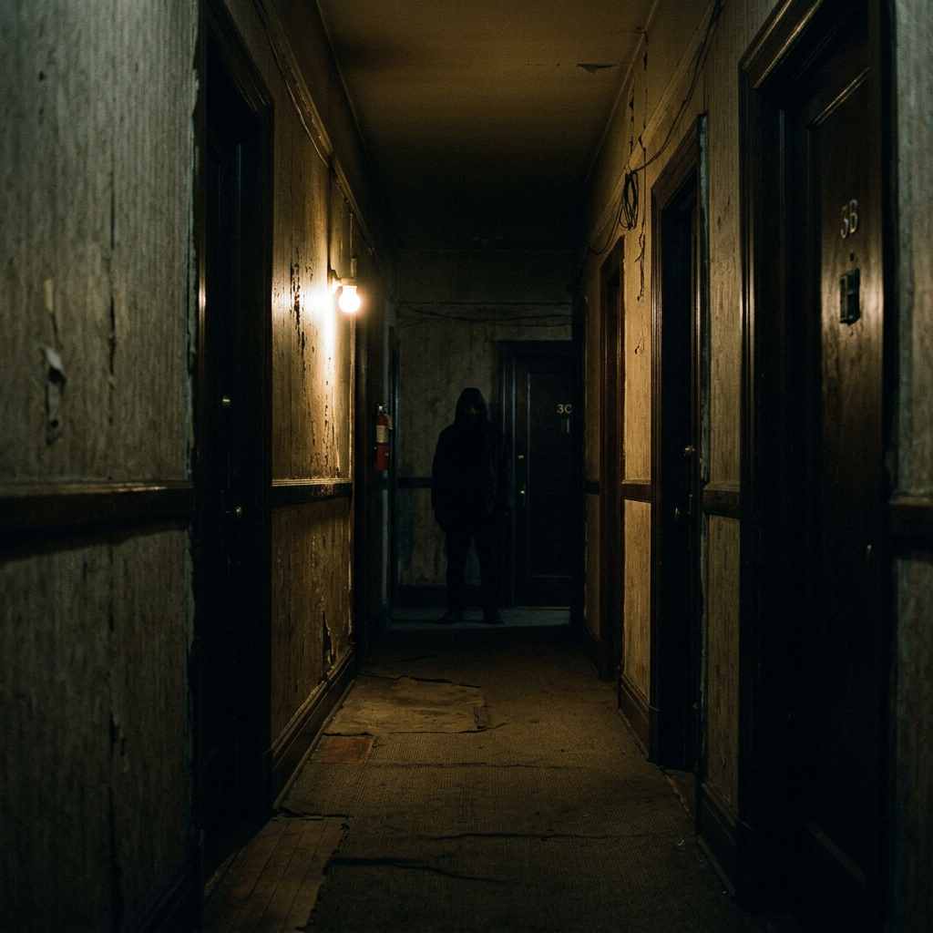 Dim hallway with peeling walls, cracked floor, and a dark figure standing near door 3C