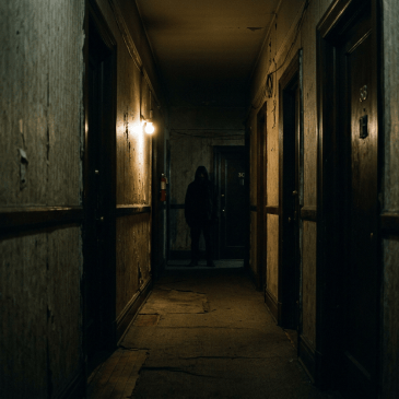Dim hallway with peeling walls, cracked floor, and a dark figure standing near door 3C