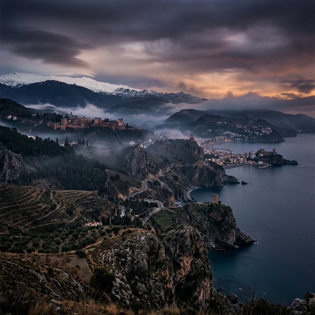 Coastal town with cliffs, mist, and snowy mountains at sunset