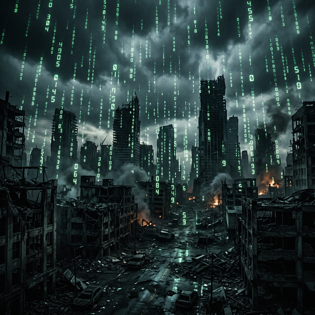 Dystopian city ruins with green digital code streams overlaying buildings