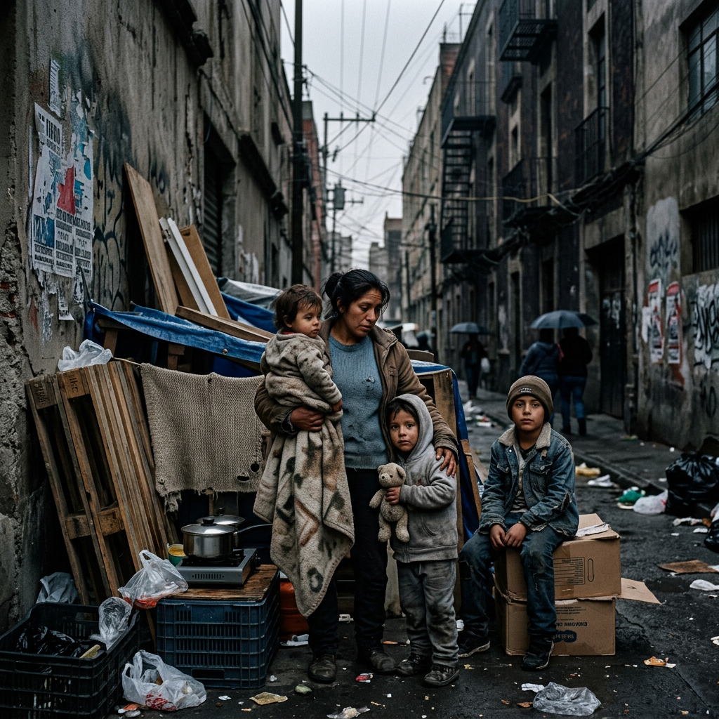 Mother holding young child with two other children standing beside her in an alley with scattered belongings and graffiti-covered walls.
