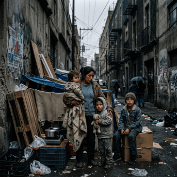 Mother holding young child with two other children standing beside her in an alley with scattered belongings and graffiti-covered walls.
