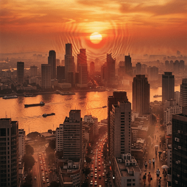 City skyline at sunset with river and traffic-filled streets
