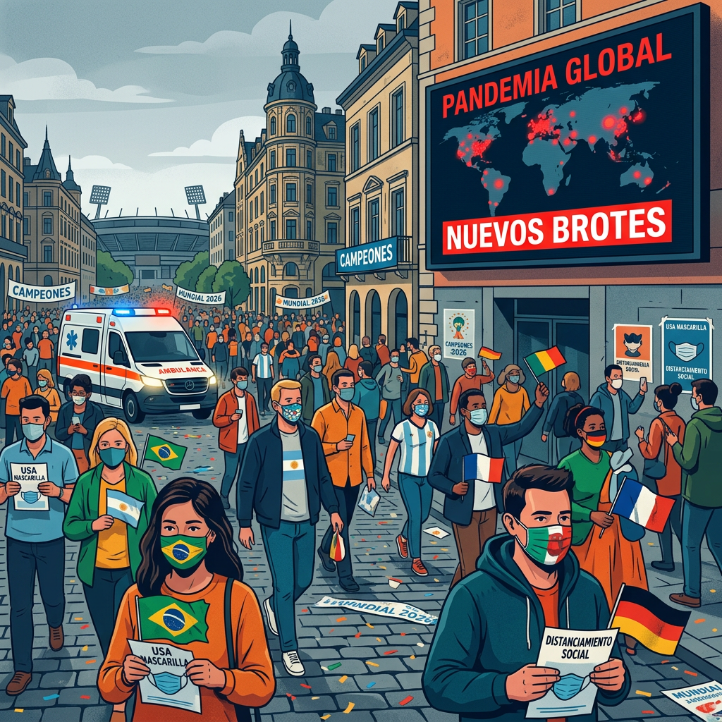 Crowd of masked people celebrating football with signs promoting masks and social distancing under a billboard warning of new global pandemic outbreaks