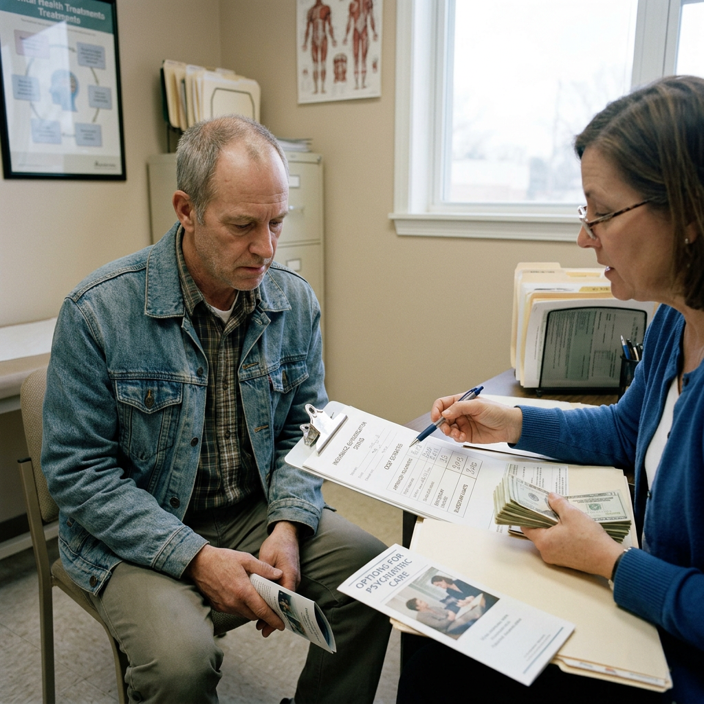 Man sitting with brochure speaking to woman holding medical cost form and cash